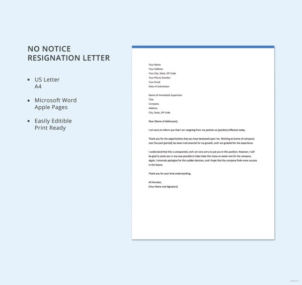 no notice resignation letter template