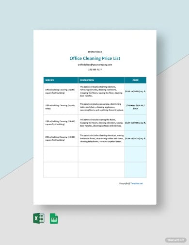 office cleaning price list template