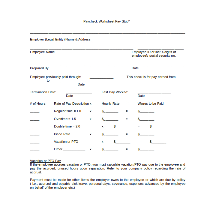 paycheck worksheet pay stub template