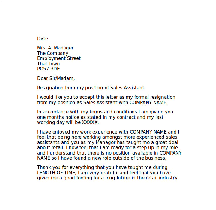 Letter Of Resignation Template Sales Assistant Sample