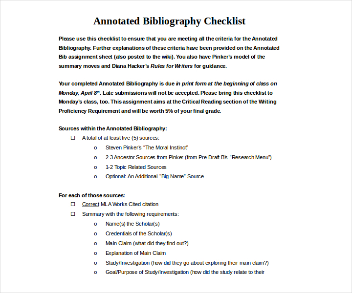 simple annotated bibliography checklist