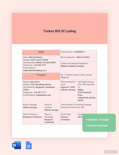 tanker bill of lading template