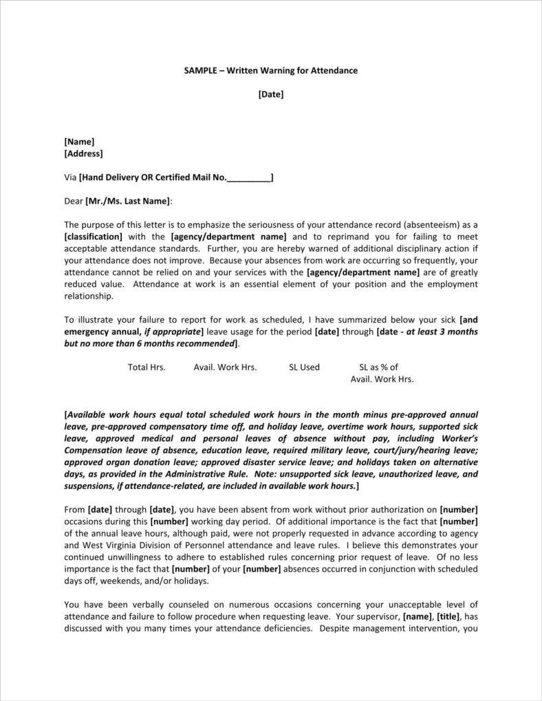 14+ Absence Warning Letter Templates  Free Word, PDF, Excel