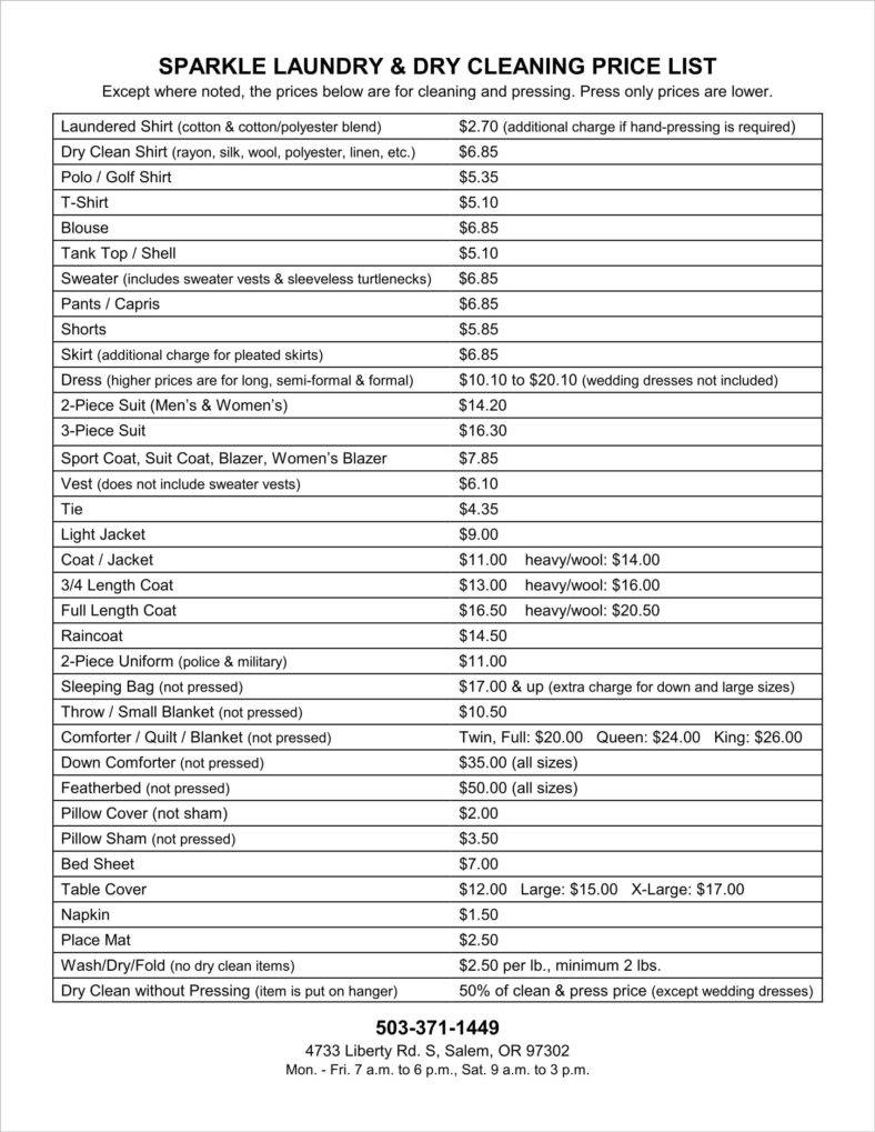 Commercial Cleaning Price Chart