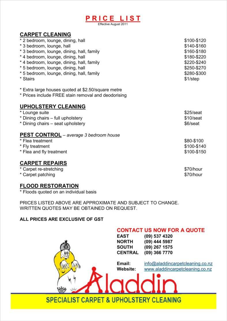 House Cleaning Price List