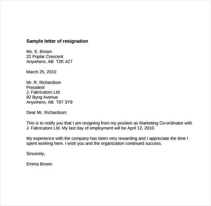 simple resignation letter short notice