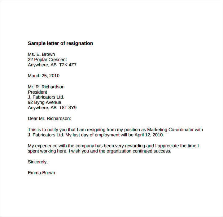 12 Short Notice Resignation Letters Free PDF DOC Format Downloads