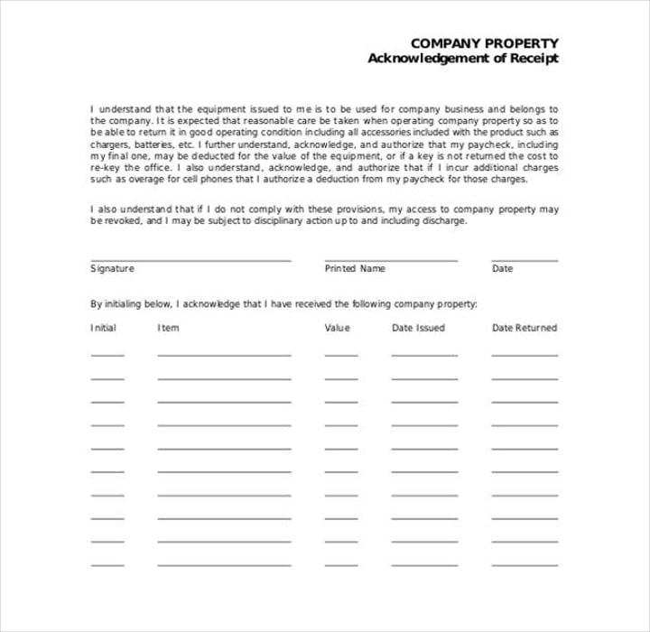 acknowledgement letter for company property template