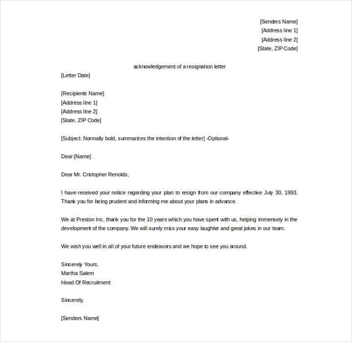 acknowledgement of a resignation letter template