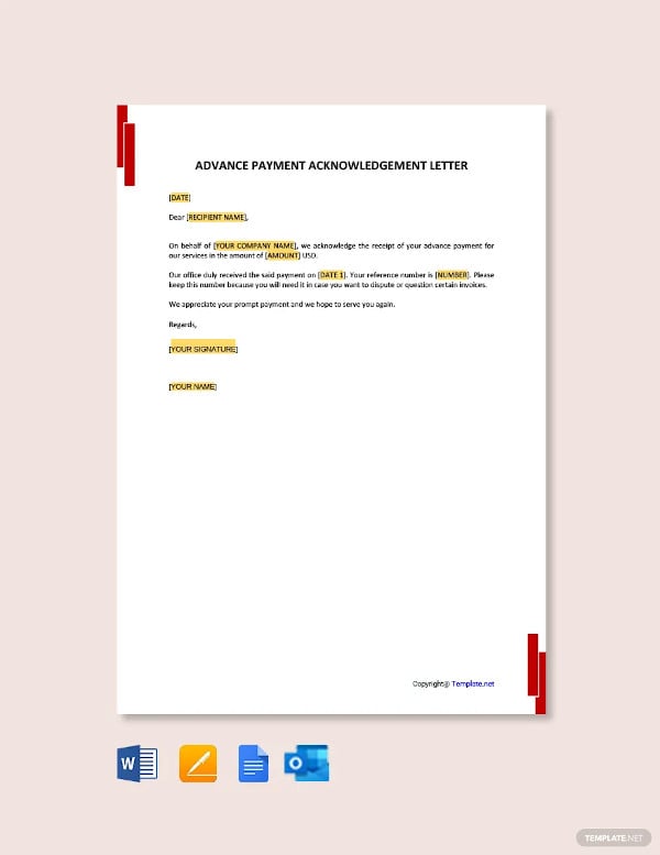 advance payment acknowledgment letter template