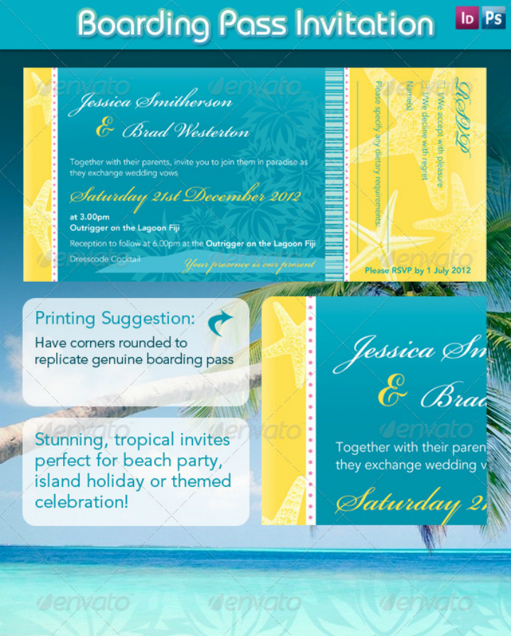 beach style wedding boarding pass invitation template