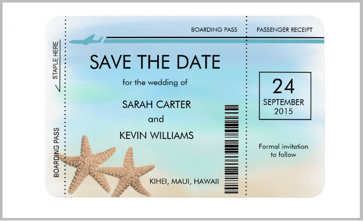 beach wedding boarding pass save the date template