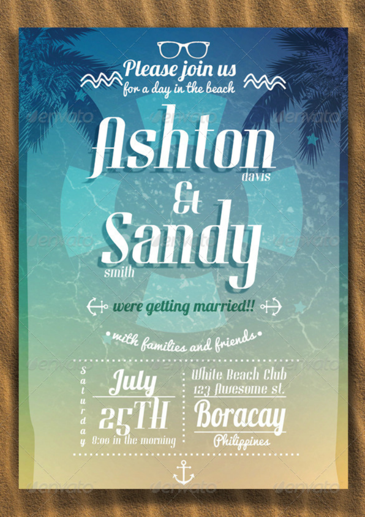 blue beach wedding invitation template