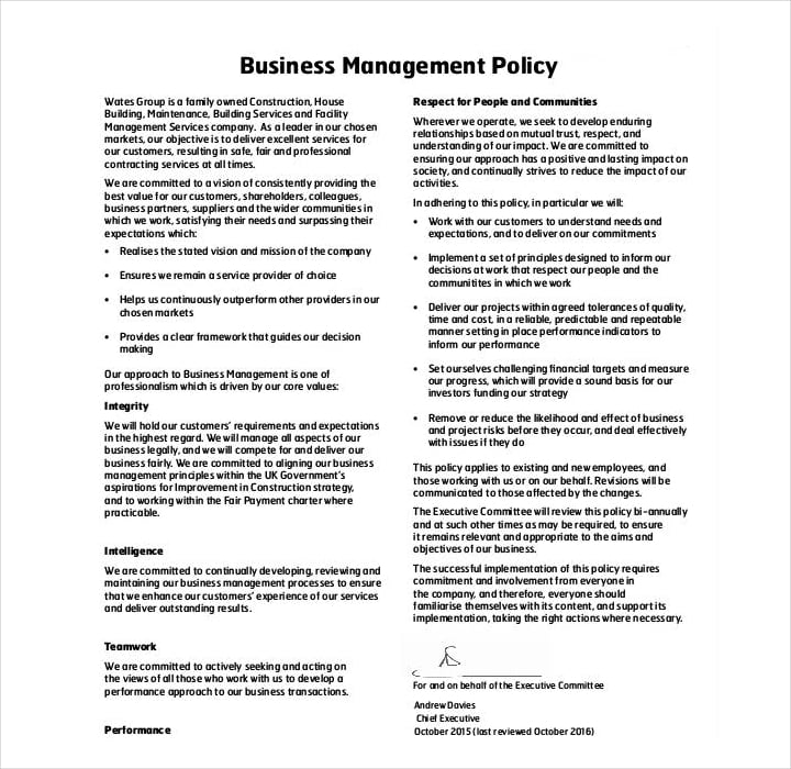 business management policy template