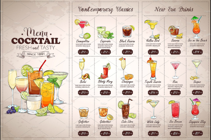 cocktail and wine illustrated menu design
