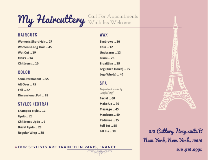 hair salon menu design template