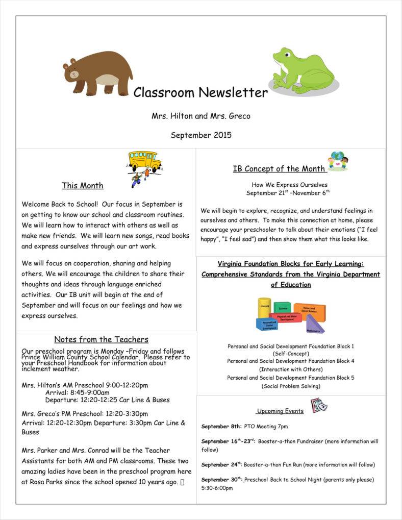 preschool newsletter examples announcement to parent