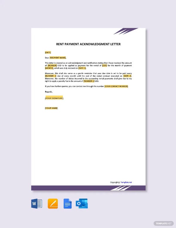 rent payment acknowledgment letter template