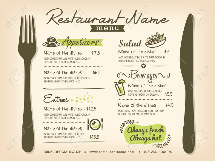 restaurant placemat blank menu template