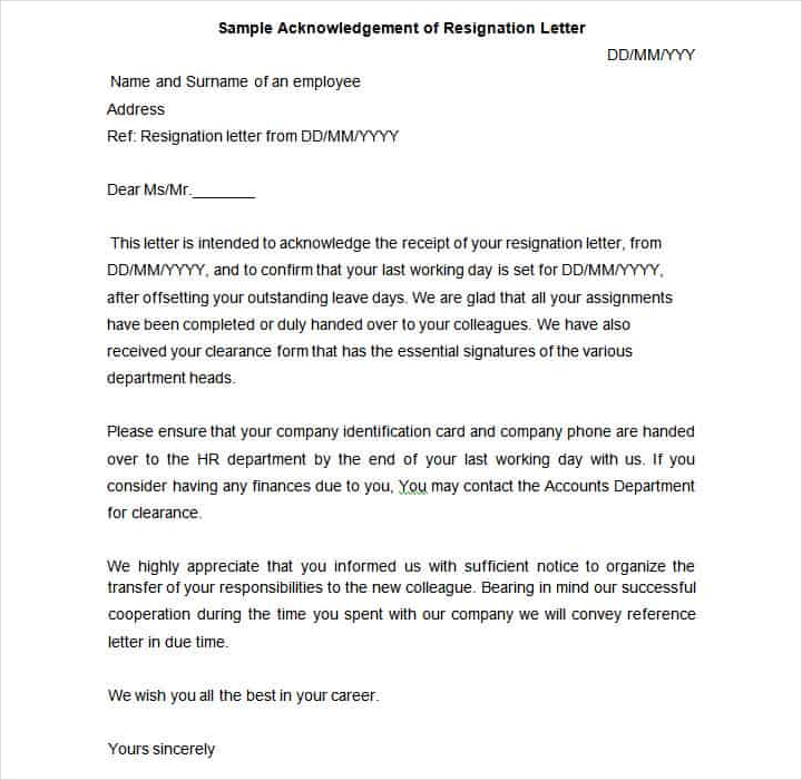 9+ Resignation Acknowledgement Letter Templates - PDF, Word