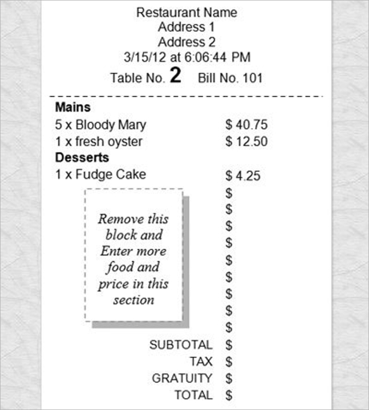 restaurant receipt sample