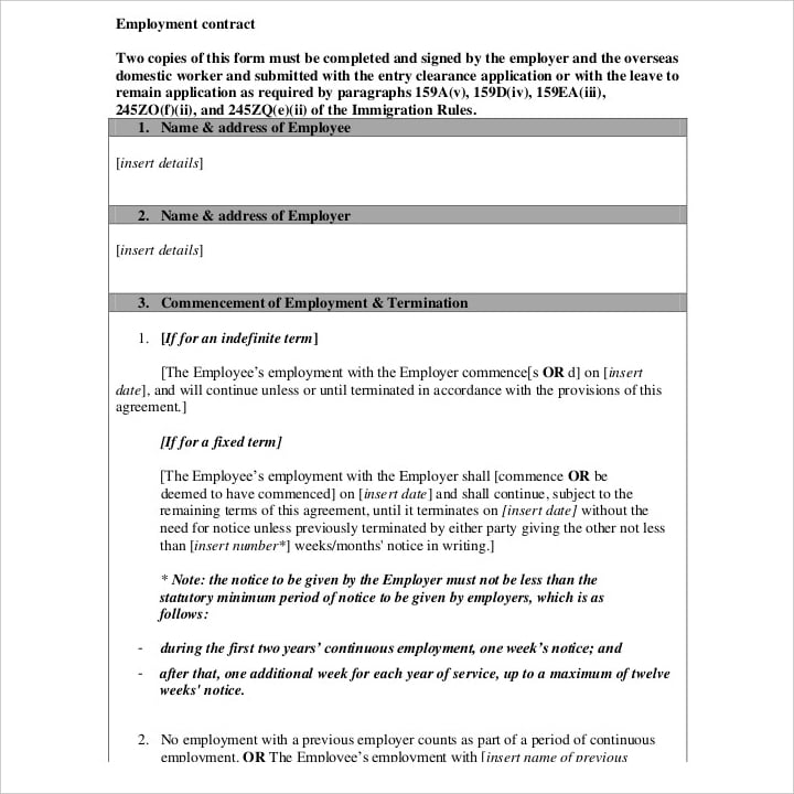 domestic cleaning worker employment contract template