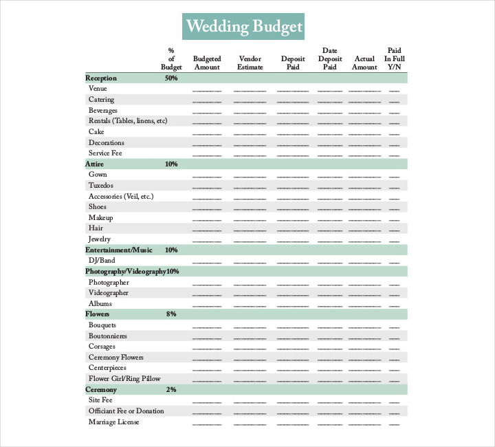 printable wedding budget planner worksheet