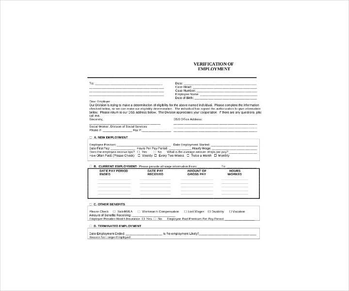 employment verification form for social service