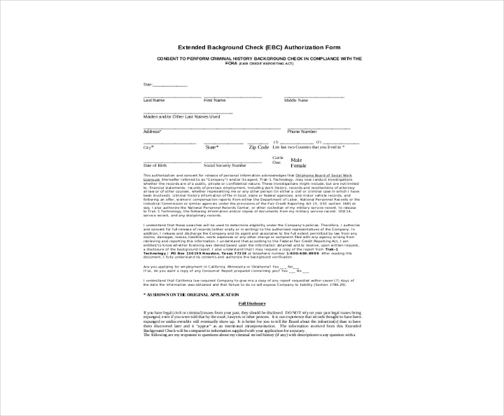 extended background check authorization form