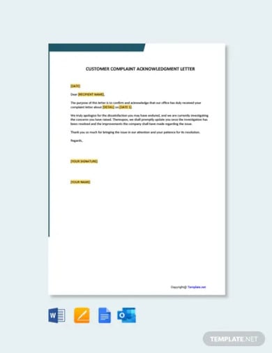 free customer complaint acknowledgement letter