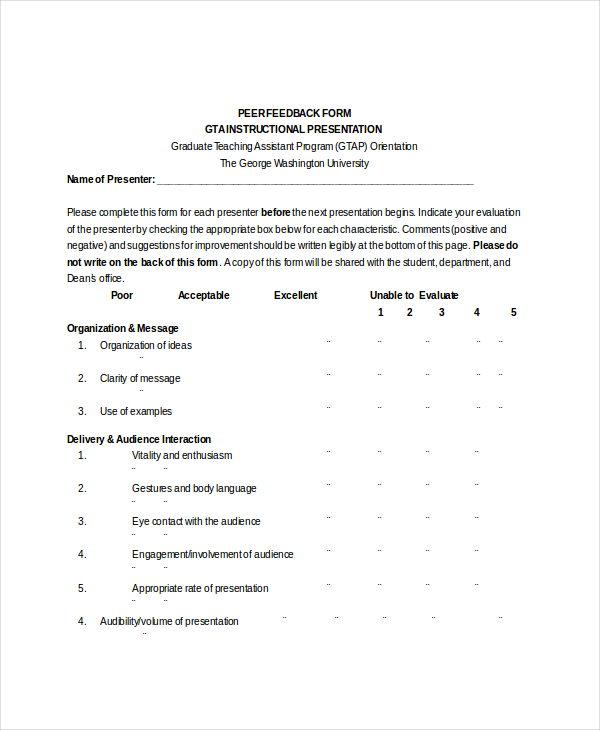 graduate teaching peer feedback form