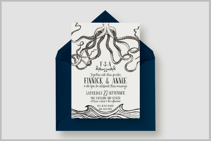 octopus nautical wedding invitation suite