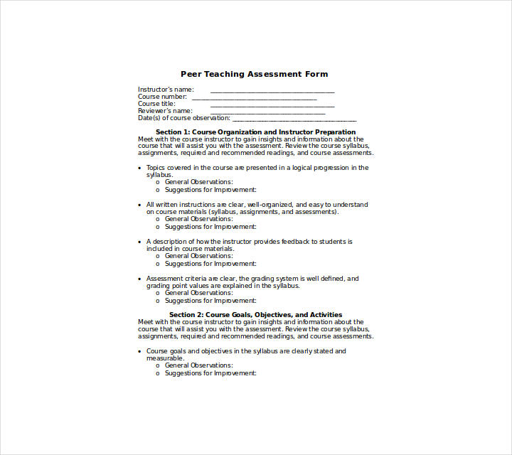 peer teaching assessment form