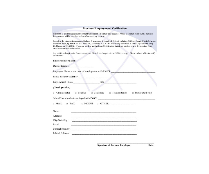 previous employment verification form
