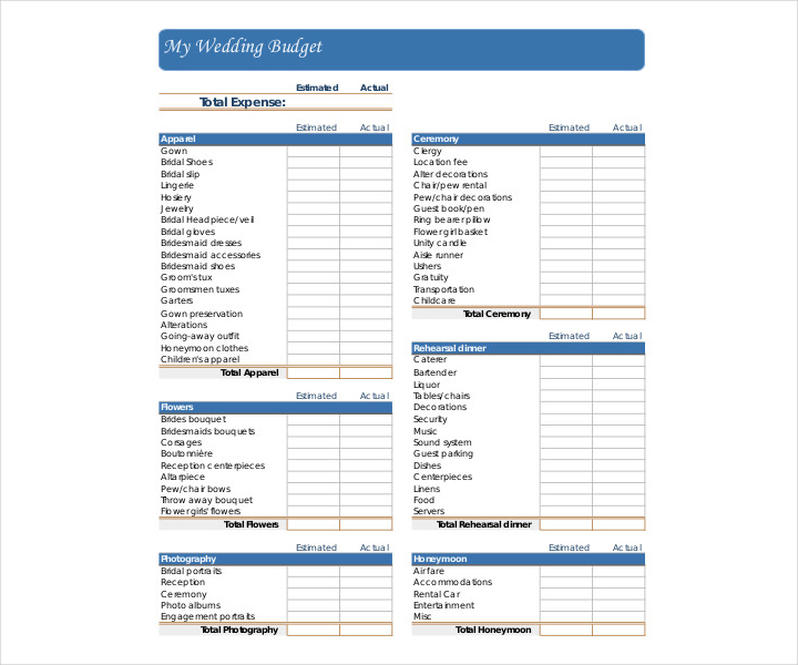 Printable Wedding Budget Chart