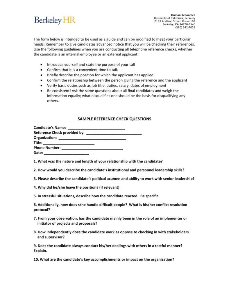 12 Reference Checking Forms & Templates PDF DOC