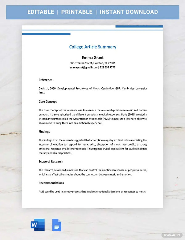 college article summary templates