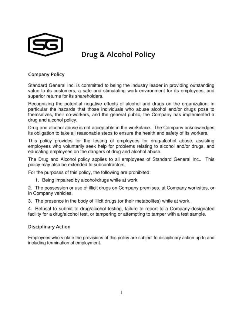 6  Drug Alcohol Policy Templates PDF DOC