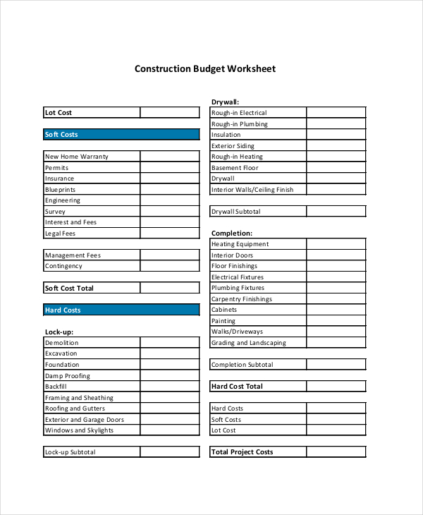 home construction budget worksheet