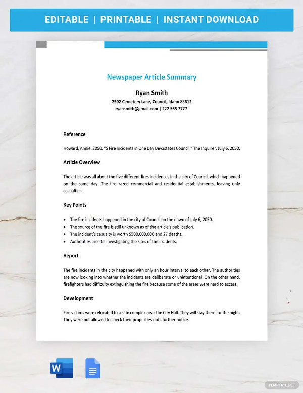 newspaper article summary template
