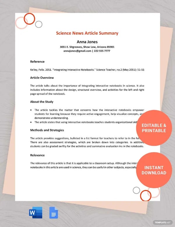 science news article summary template
