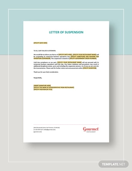 restaurant letter of suspension