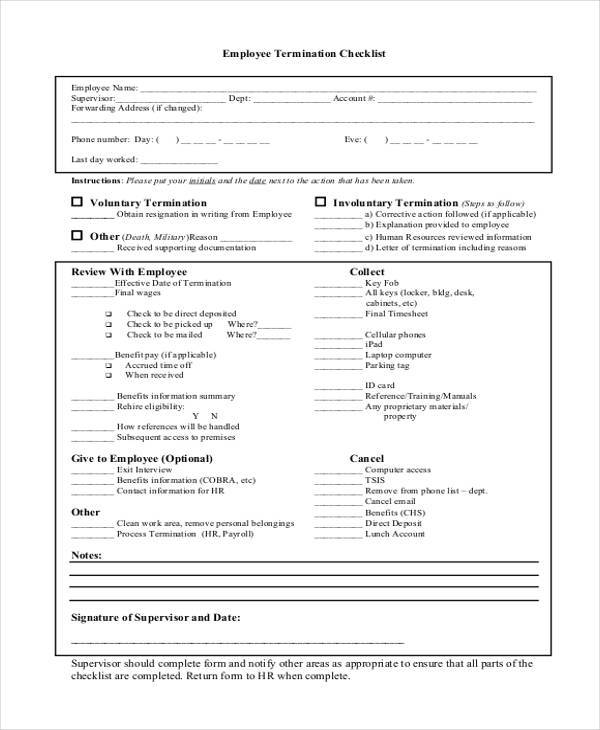 employee termination checklist form