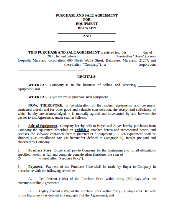 equipment purchase agreement form in word