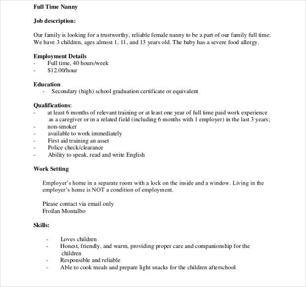 full time nanny job descriptions