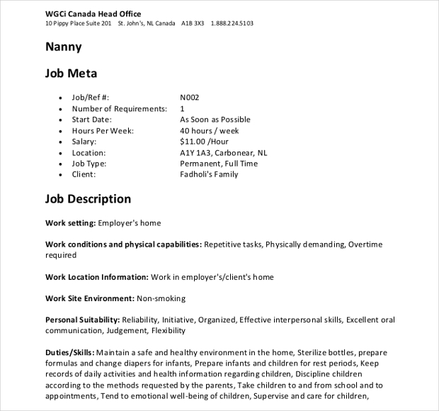 9+ Nanny Job Description Templates in PDF