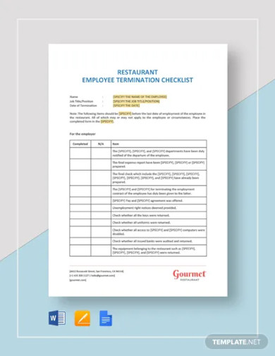 restaurant employee termination checklist template
