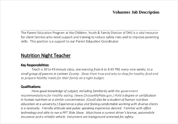 volunteer job description template