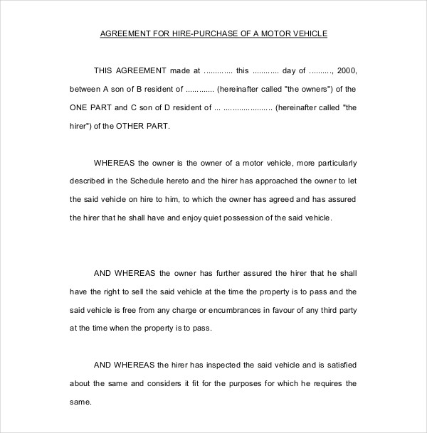 agreement for hire purchase of a motor vehicle