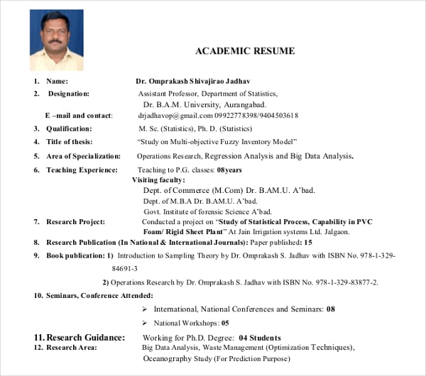 resume format for assistant professor in india